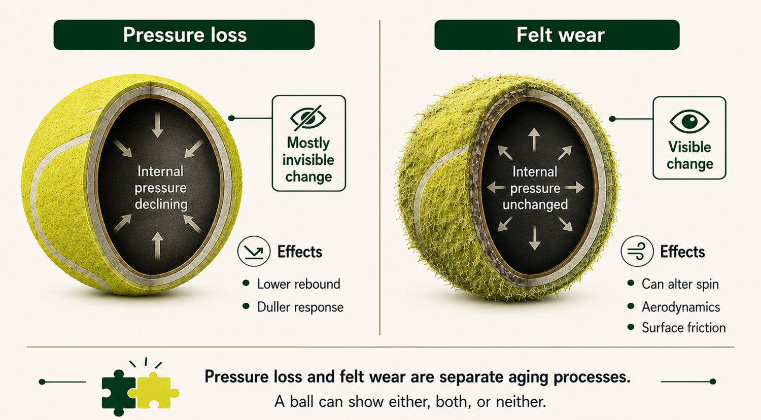 Diagram comparing pressure loss as an invisible internal change with felt wear as a visible external change in tennis and padel balls