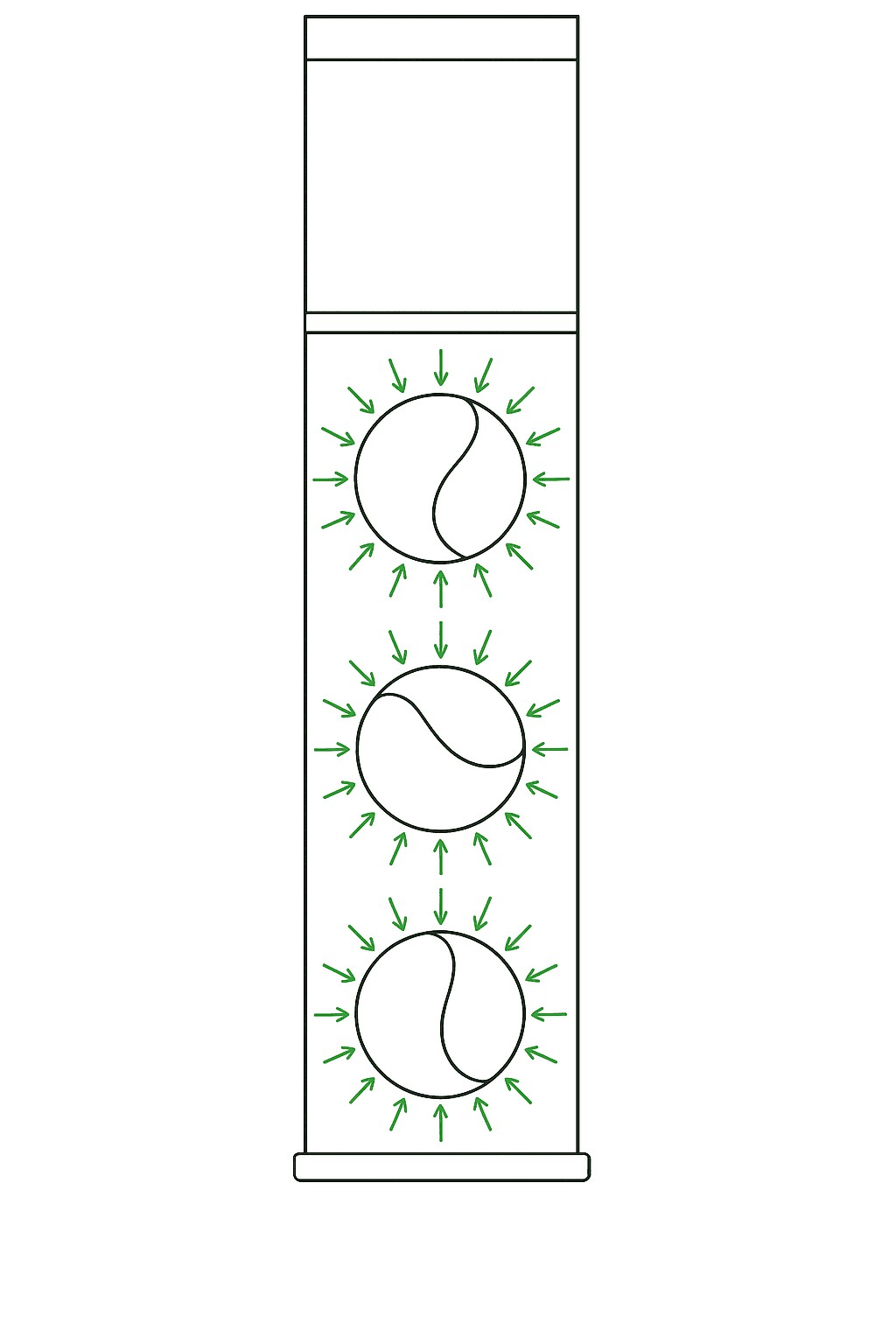 PressurAce sealed pressure chamber with three tennis balls receiving uniform pressure restoration